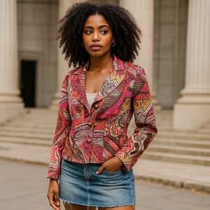W Work to Weekend Blazer Boho Patchwork Print Statement Fall Jacket, Size: 10